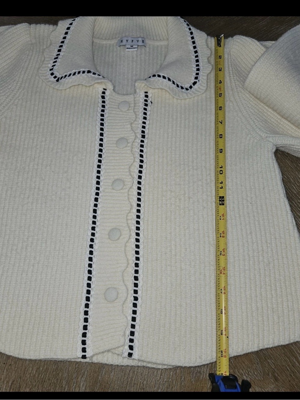 HYFVE Coquette Cream ribbed Cardigan Contrast Trim Peter Pan Collar Sweater M - Picture 7 of 16